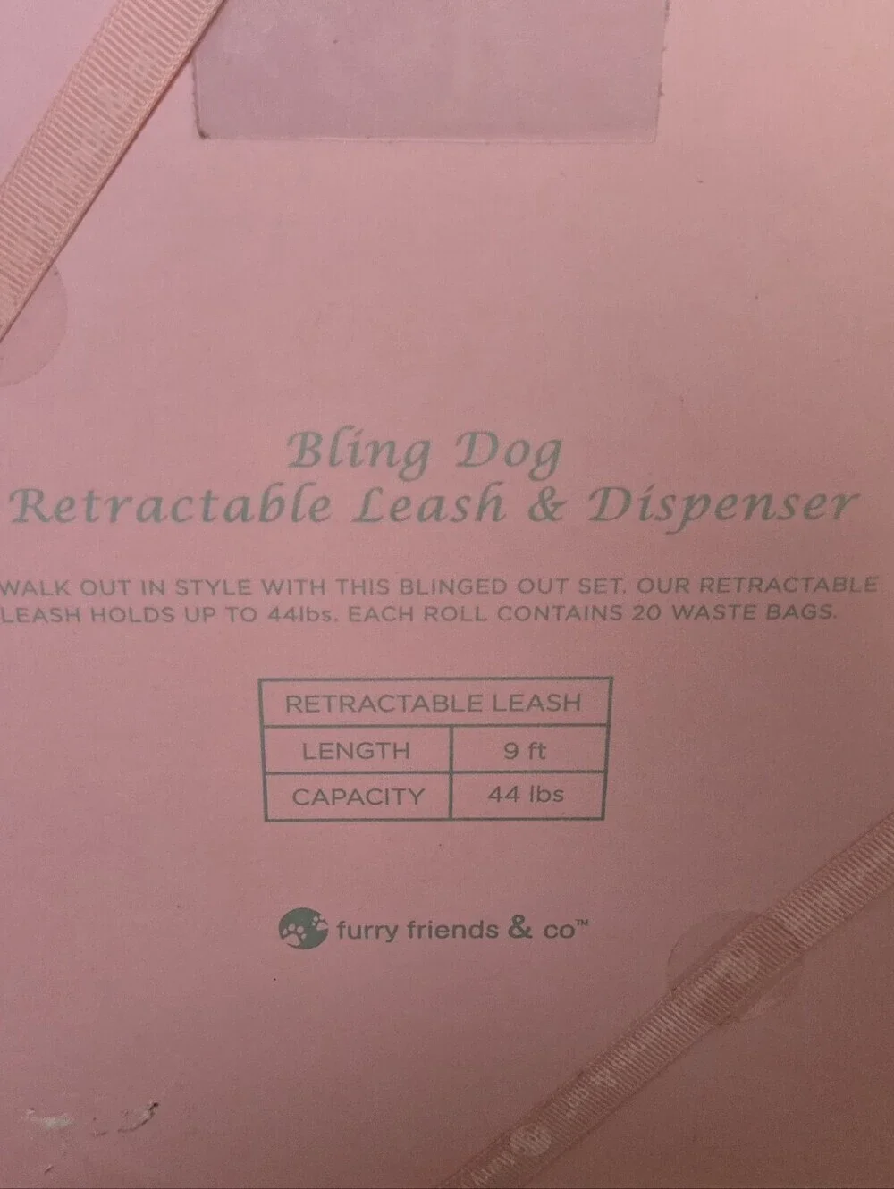 Furry Friends Pink Rhinestone Retractable Dog Leash Waste Bag Dispenser Set